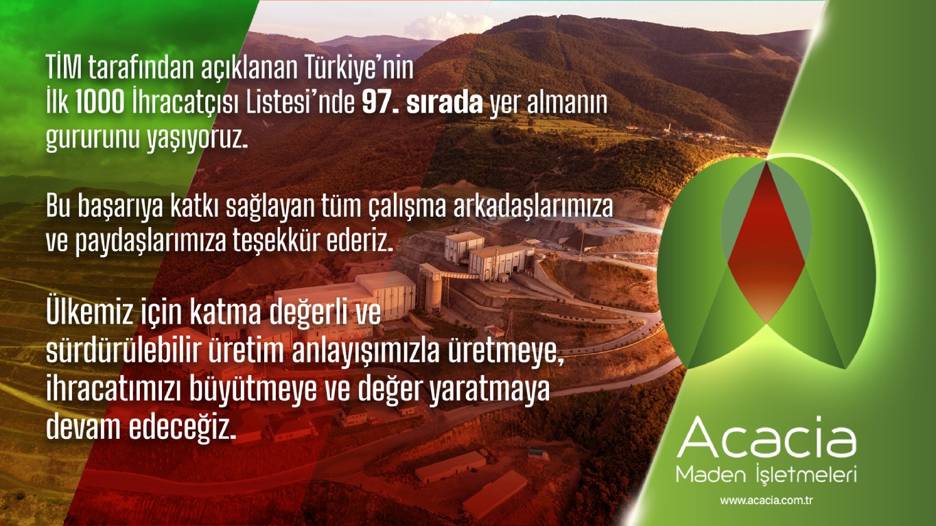 Acacia Maden İşletmeleri, ülkemizin en büyük 1000 ihracatçısı listesinde 97. sırada yer aldı.